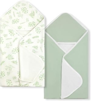 Baby Towels 2 Pack,Hooded Baby Towels Set,Baby Infant Bath Towels with Hood,Soft and Absorbent Nursery Towel,Large 28x28 Inch,Newborn Essential(Mint Green Leaves + Mint Green)