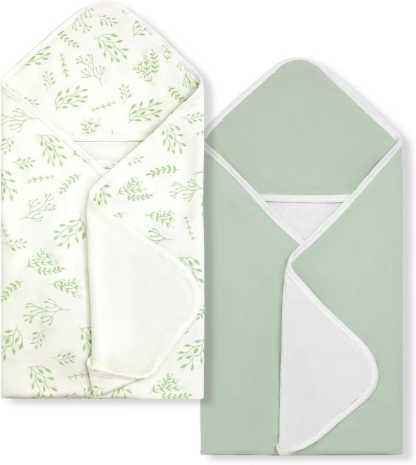 Baby Towels 2 Pack,Hooded Baby Towels Set,Baby Infant Bath Towels with Hood,Soft and Absorbent Nursery Towel,Large 28x28 Inch,Newborn Essential(Mint Green Leaves + Mint Green)