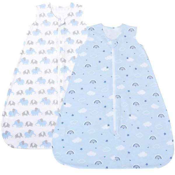 619QZxc4vGL._SL1500 100% Cotton Baby Sleep Sack, 0-6 Months Baby Wearable Blanket, 2-Way Zipper Infant Sleeping Sack for Baby Boys Girls, 2 Pack Comfy Small Size Sleeveless Sleeping Bags, Rainbow & Pink Elephant