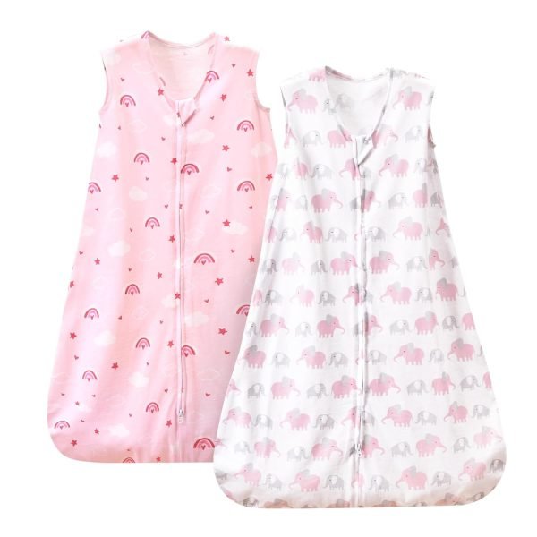 61NP6GwLihL._SL1500 100% Cotton Baby Sleep Sack, 0-6 Months Baby Wearable Blanket, 2-Way Zipper Infant Sleeping Sack for Baby Boys Girls, 2 Pack Comfy Small Size Sleeveless Sleeping Bags, Rainbow & Pink Elephant