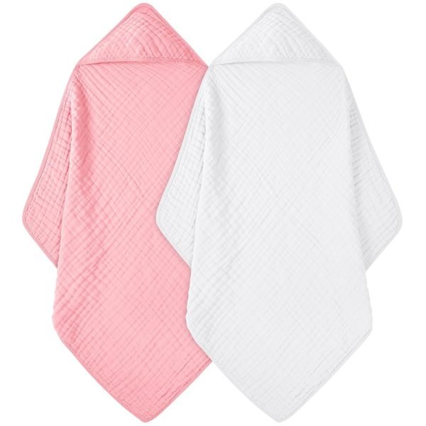 61xMP3X6NdL._SL1500 Baby Bath Towels, 100% Muslin Cotton Hooded Baby Towels for Newborn, 2 Pack Baby Towels with Hood for Infant Toddler and Kids, Large 32x32Inch, Soft and Absorbent