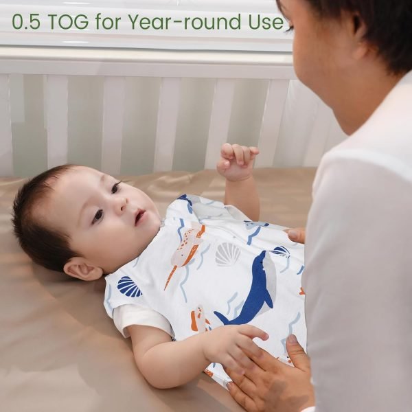 711e1vZvD9L._SL1500 2 Pack Baby Sleep Sack 6-12 Months, Rayon Derived from Bamboo,Soft Cooling Sleep Sacks for Summer, TOG 0.5 Baby Wearable Blankets with 2-Way Zipper, Medium Size, Whale
