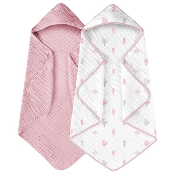 Hooded Baby Towels for Newborn 2 Pack 100% Muslin Cotton Baby Bath Towel with Hood for Babies, Infant, Toddler and Kids, Large 32x32Inch, Soft and Absorbent Newborn Essential