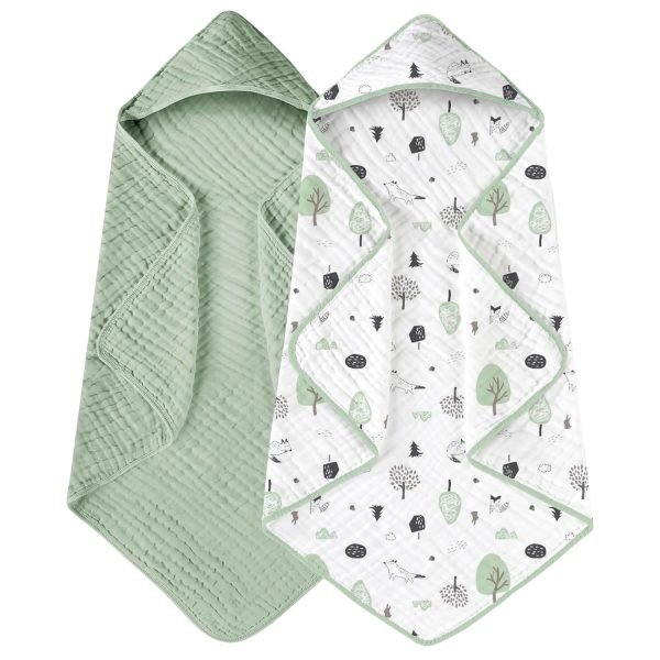 Hooded Baby Towels for Newborn 2 Pack 100% Muslin Cotton Baby Bath Towel with Hood for Babies, Infant, Toddler and Kids, Large 32x32Inch, Soft and Absorbent Newborn Essential