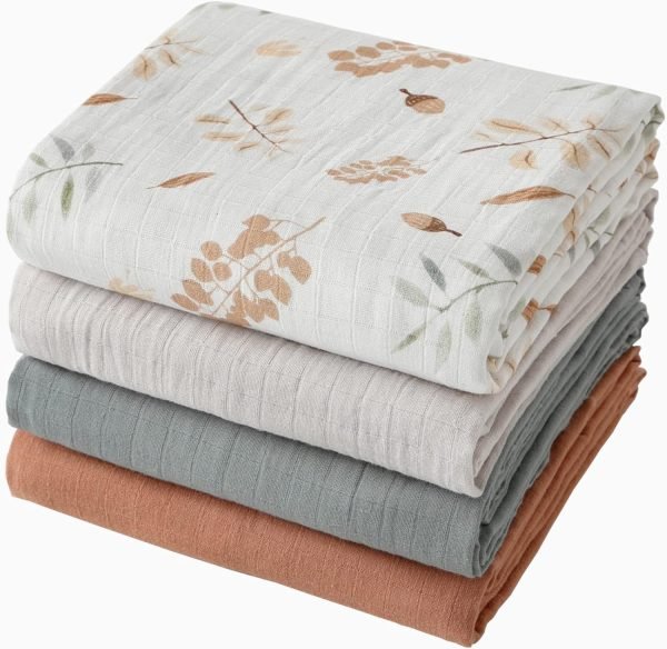 Muslin Swaddle Blankets for Boys and Girls, Soft Cotton Baby Swaddle Blankets for Unisex, 47 X 47 inches Muslin Swaddles, 4 Pack Leaves & Warmth Colors
