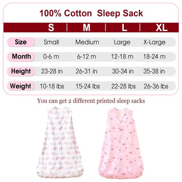 71koIdJ80PL._SL1500 100% Cotton Baby Sleep Sack, 0-6 Months Baby Wearable Blanket, 2-Way Zipper Infant Sleeping Sack for Baby Boys Girls, 2 Pack Comfy Small Size Sleeveless Sleeping Bags, Rainbow & Pink Elephant