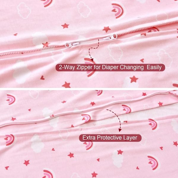 816fagXBaCL._SL1500 100% Cotton Baby Sleep Sack, 0-6 Months Baby Wearable Blanket, 2-Way Zipper Infant Sleeping Sack for Baby Boys Girls, 2 Pack Comfy Small Size Sleeveless Sleeping Bags, Rainbow & Pink Elephant