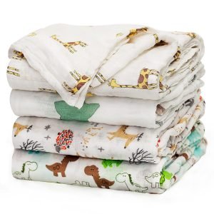 Baby Swaddle Blanket Unisex Swaddle Wrap Soft Silky Muslin Swaddle Blankets Neutral Receiving Blanket for Boys and Girls, 47 x 47 inches, Set of 4 - Fox/Elephant/Giraffe/Dinosaur