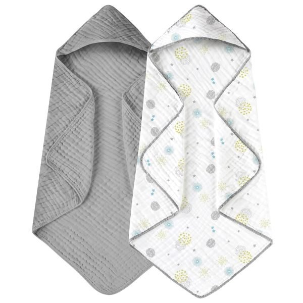 Hooded Baby Towels for Newborn 2 Pack 100% Muslin Cotton Baby Bath Towel with Hood for Babies, Infant, Toddler and Kids, Large 32x32Inch, Soft and Absorbent Newborn Essential
