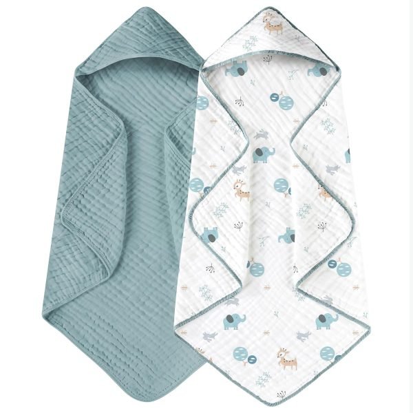 Hooded Baby Towels for Newborn 2 Pack 100% Muslin Cotton Baby Bath Towel with Hood for Babies, Infant, Toddler and Kids, Large 32x32Inch, Soft and Absorbent Newborn Essential
