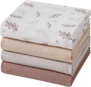 Muslin Swaddle Blankets for Boys and Girls, Soft Cotton Baby Swaddle Blankets for Unisex, 47 X 47 inches Muslin Swaddles, 4 Pack Leaves & Warmth Colors