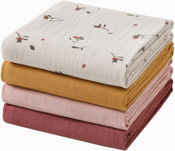 Muslin Swaddle Blankets for Boys and Girls, Soft Cotton Baby Swaddle Blankets for Unisex, 47 X 47 inches Muslin Swaddles, 4 Pack Leaves & Warmth Colors